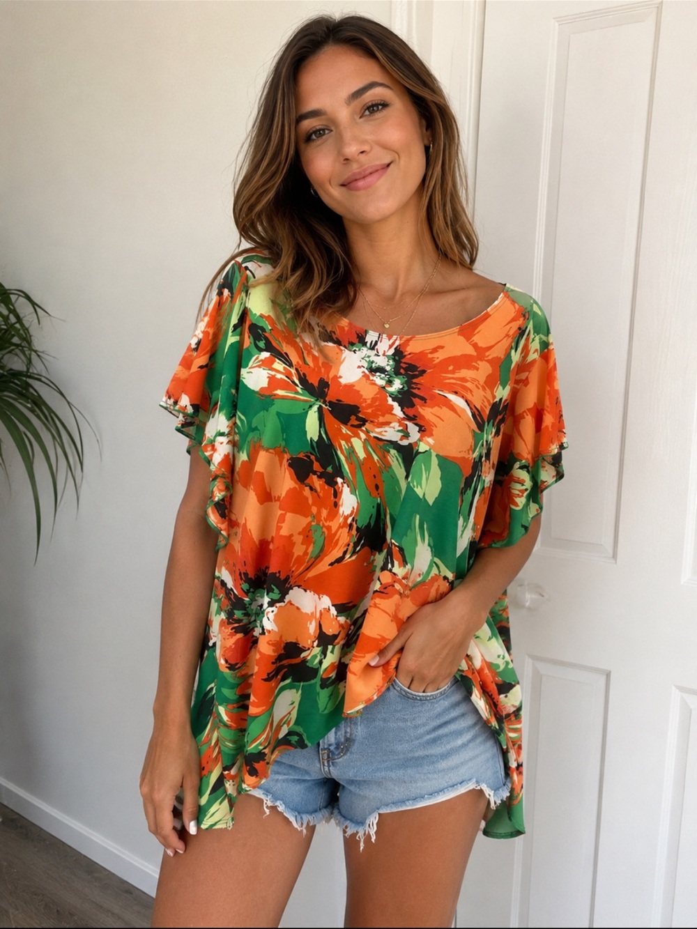 Star Vixen Vibrant Floral Flutter-Sleeve Top in Orange, Green & White